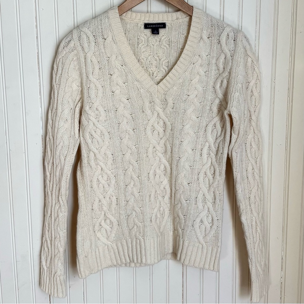 Lands' End Cream 100% Lambs Wool Cable Knit Sweater, Small